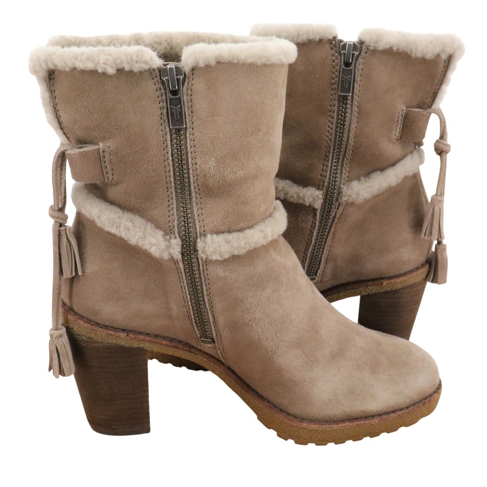 FRYE Jen Shearling Suede Ankle Boots Taupe Tassel Block Heel Women's 7 - Picture 5 of 11